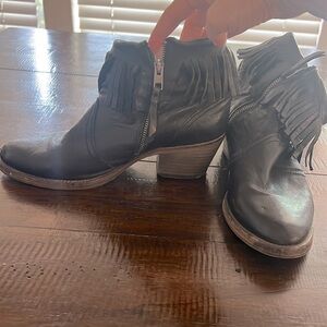 All Saints -“Bonny Cuban” black fringe leather booties